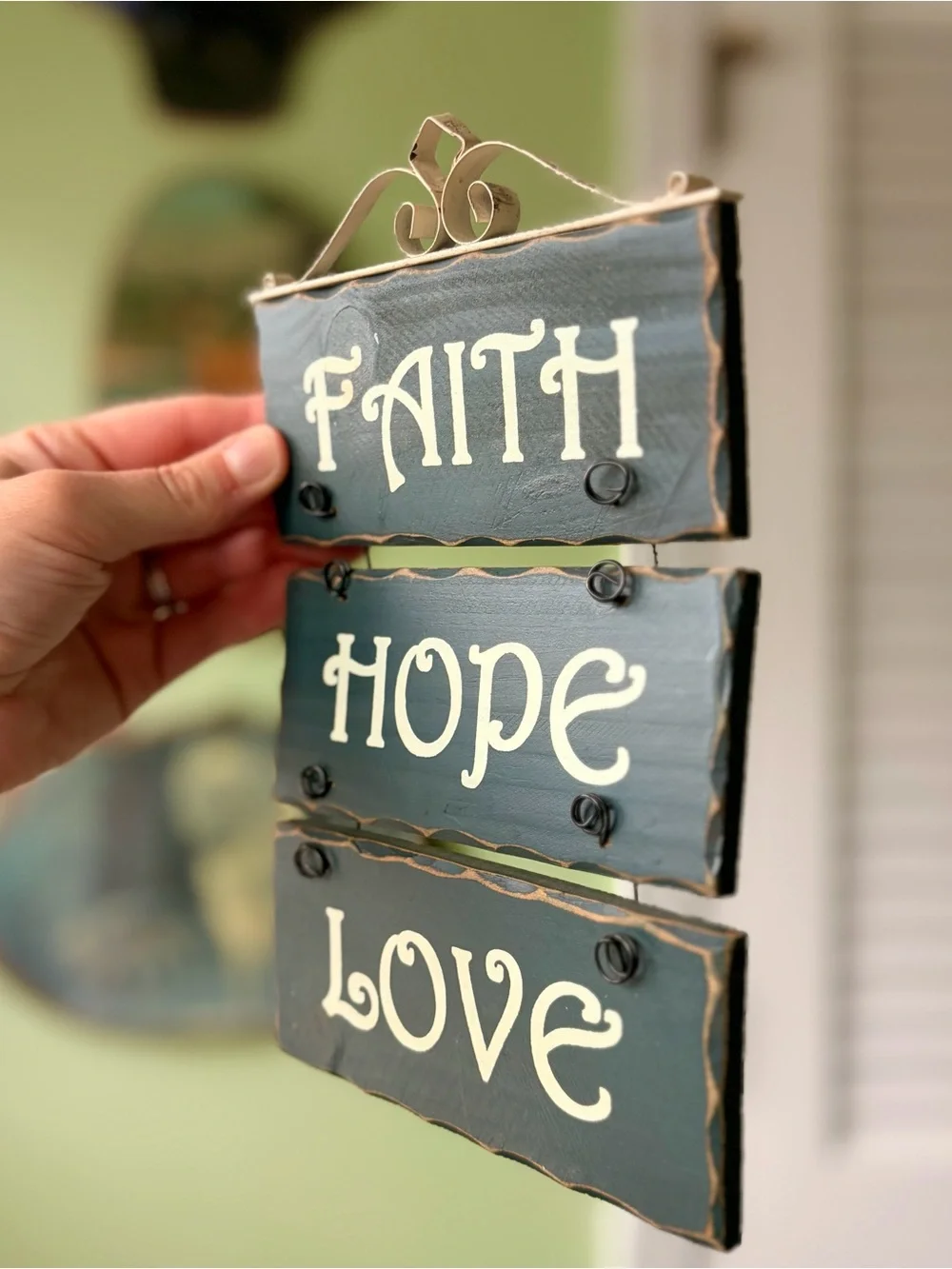 Rustic Faith Hope Love Wall Hanging - Teal Wooden Sign